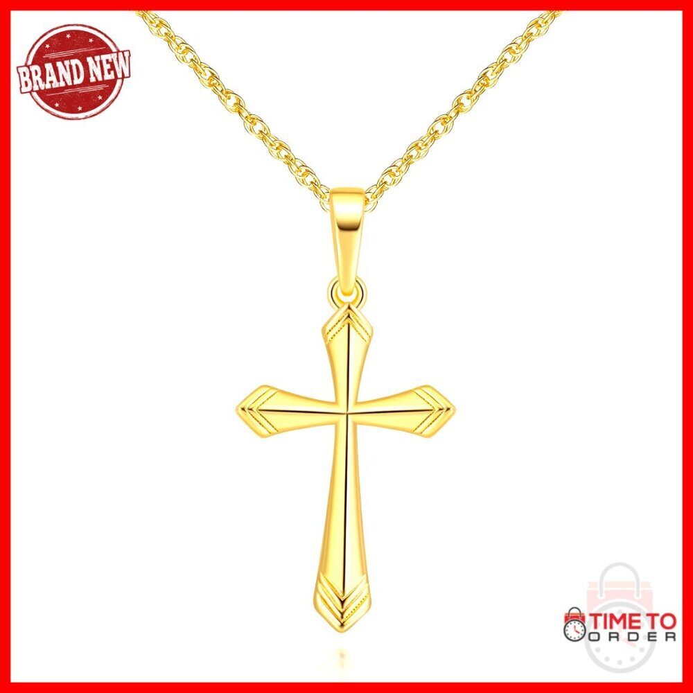 14K Gold Plated Cross Pendant Necklace with V-Pattern, Adjustable Chain